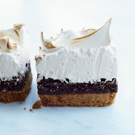 S'mores Bars with Marshmallow Meringue Recipe - Cheryl Day, Griffith Day | Food & Wine Marshmallow Meringue Recipe, Marshmallow Meringue, S Mores Bars, Smore Recipes, Meringue Recipe, S'mores Bar, Egg Yolks, Chocolate Filling, Brownie Bar