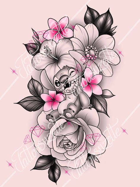 Stitch Flower Tattoo, Disney Stitch Tattoo, Lilo And Stitch Tattoo, Disney Sleeve Tattoos, Stitch Tattoo, Best Tattoos For Women, Парные Тату, Dope Tattoos For Women, Tattoo Style Drawings