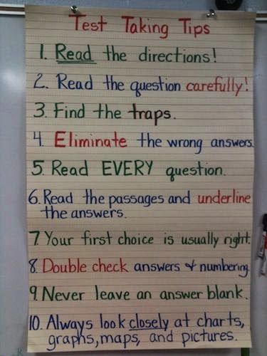 An anchor chart that features test taking tips! Test Taking Tips, Test Prep Strategies, Testing Motivation, Education Tips, Test Taking Strategies, Classroom Anchor Charts, School Testing, Testing Strategies, State Testing