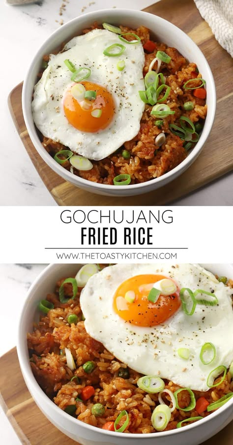 Gochujang fried rice recipe by The Toasty Kitchen. Gochujang fried rice is a simple weeknight meal to make with leftover cooked rice and veggies. This Korean fried rice dish is seasoned with a spicy gochujang sauce and topped with a sunny-side-up egg. #gochujangfriedrice #friedrice #weeknightmeals #comfortfood #simplemeals Easy Korean Rice Recipes, Korean Recipes With Rice, Gochujang Rice Bowl, Recipe With Gochujang Sauce, Recipes That Use Gochujang, Asian Eggs And Rice, Gojuchang Fried Rice, Korean Rice With Egg, Chinese Comfort Food Recipes