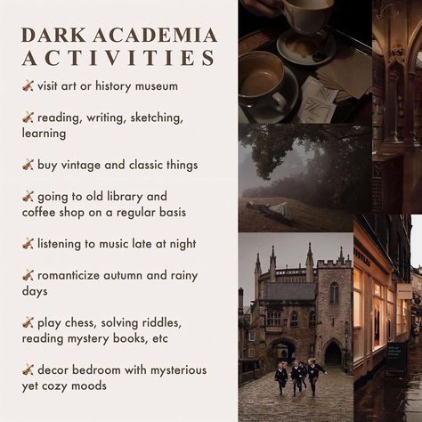 Dark Academia Title Ideas, Dark Academia Fall Activities, Light Academia Things To Do, Insta Bio Ideas Dark Academia, Dark Academia Bucket List, Dark Academia Subjects To Study, Dark Academia Checklist, Dark Academia To Do List, Dark Academia List