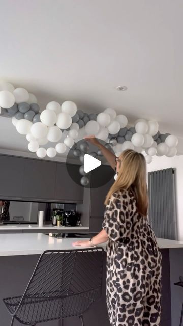 Entrance Balloon Garland, Balloon Decor For Small Spaces, Balloon Arch On Ceiling, Balloon Garland Above Kitchen Island, Manly Balloon Garland, Balloons On Wall Decor, Balloon Garland Hanging From Ceiling, Kitchen Balloon Decoration, Balloon Garland On Ceiling