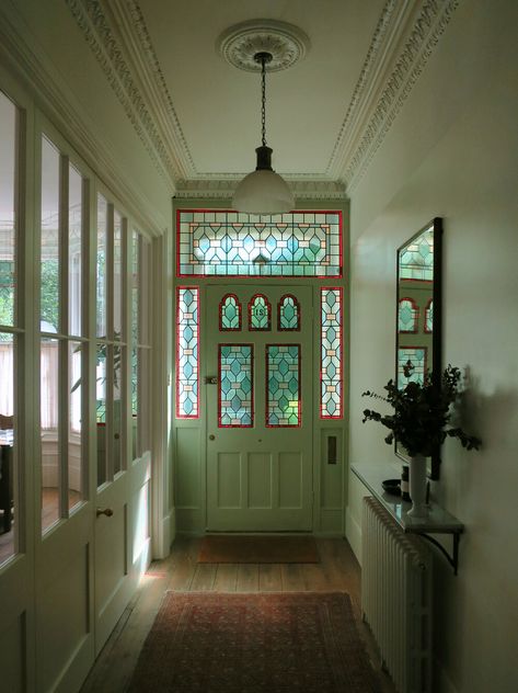 Bushwood by Georgina Mann, Architect in East London, Leytonstone — Georgina Mann Architecture & Interiors Stained Glass Front Door, Dream House Aesthetic, Window Stained, Riverside House, Stained Glass Door, زجاج ملون, Mexican Home Decor, Front Doors With Windows, Art Deco Home