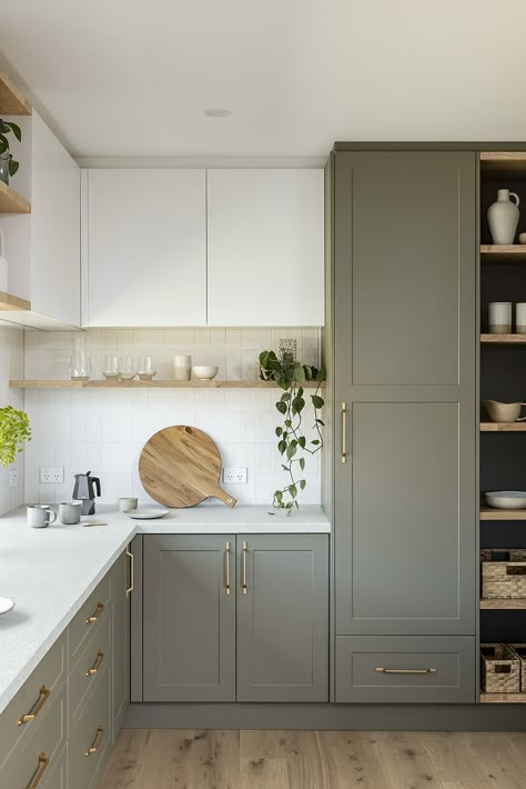 elegant entertainer | kaboodle kitchen Small Sage Kitchen Ideas, Newbuild Kitchen Ideas, Small New Build Kitchen, Cashmere And Green Kitchen, Easy Clean Kitchen Design, Small Kitchen Sage Green, Kaboodle Kitchen Ideas, Galley Kitchen Green, Cream Kitchen Green Island