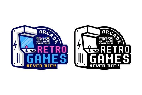 Premium Vector Sticker, Planet Games, Arcade Logo, Logo Class, Games Over Text, Gaming Logo Design, Retro Arcade Machine, Video Game Logos, Lounge Logo