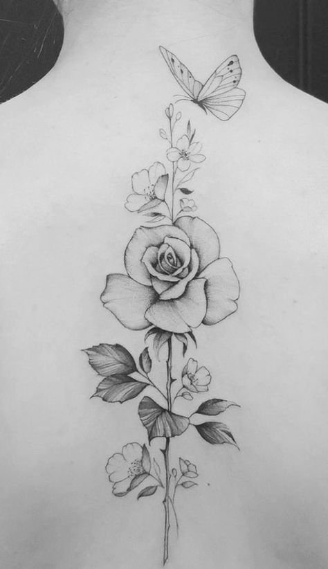 Rose And Butterfly Tattoo, Spinal Tattoo, Floral Back Tattoos, Tato Minimal, Rose Tattoos For Women, Tattoos For Women Flowers, Spine Tattoos For Women, Floral Tattoo Design, Cute Tattoos For Women