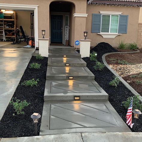 Front Door Walk Way Ideas, Front Yard Landscaping Ideas Corner Lot Curb Appeal, Front Yard Concrete Walkway Ideas, Front Entry Walkway Ideas, Front Walkways Paths Entrance, Front Entrance Walkway Ideas, Concrete Side Yard, Front Yard Concrete Ideas, House Walkway Entrance