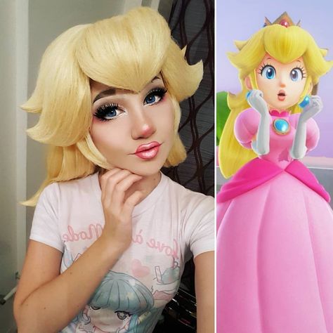 🍑👑💖 Tested out the makeup for my favorite peachy kween! The back of the wig still needs work, but I learned a lot from this test! Wigs:… Princess Peach Halloween, Peach Makeup Look, Princess Peach Costume, Princess Peach Cosplay, Peach Cosplay, Peach Costume, Peach Makeup, Halloween Princess, Bridesmaid Dresses Boho