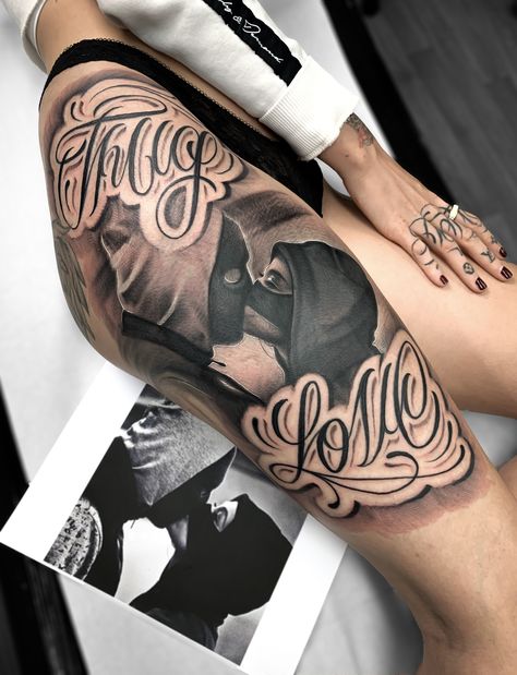 Thug Couple Tattoos, Gangsta Love Tattoos, Thug Tattoos For Women Leg, Thug Love Tattoo, Gangsta Love Couple, Gangsta Couple Tattoos, Devilish Tattoos, Thug Tattoos For Women Sleeve, Gangster Couple Tattoos