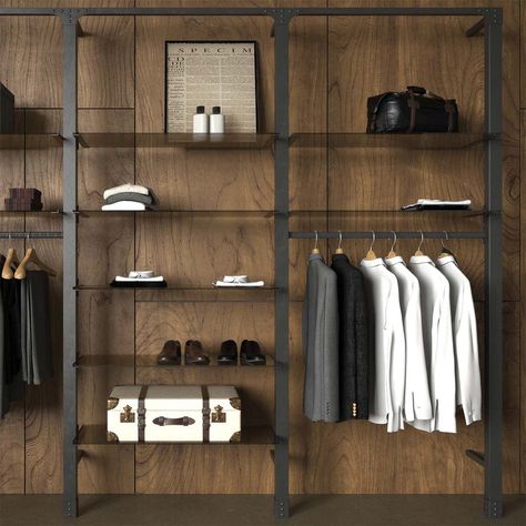 Shelving System Brooklyn | Industrial Style | Mandai Design Suit Closet, Glass Shelf Brackets, Shop Shelving, Dressing Room Closet, Villa Interior, Brooklyn Style, New York Loft, Retail Shelving, Shop Fittings