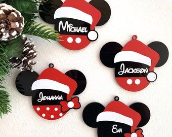 Personalized Mickey Mouse Name Ornaments Minnie Mouse Birthday - Etsy UK Natal, Mickey Ornaments, Disney Christmas Tree Decorations, Mickey Mouse Ornaments, Name Ornaments, Mickey Mouse Decorations, Disney Christmas Tree, Winter Birthday Parties, Ideas Navideñas