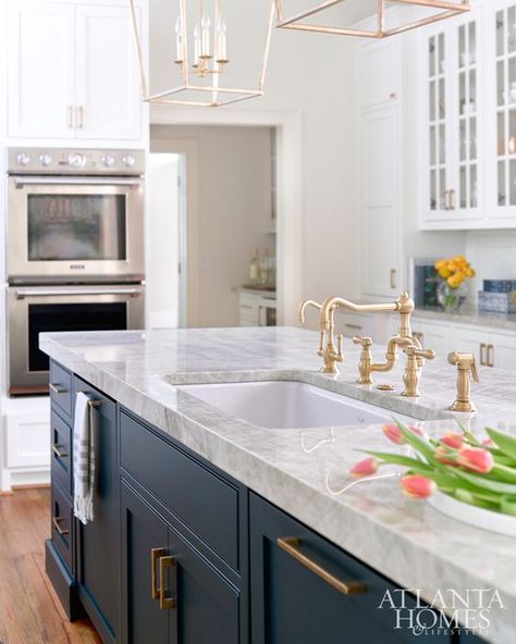 Navy island, white cabinets with gold accents Barndominium Kitchen, Navy Kitchen, White Kitchen Remodeling, Metal Barn, New Kitchen Cabinets, Kitchen Cabinets Makeover, Blue Cabinets, Building Homes, Barn Homes