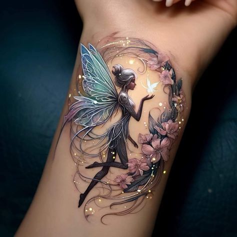 I'm not a fairy person, but i think this is beautiful and like the style of the work Fairy With Books Tattoo, Fairy Tattoo With Flowers, Fairy Forearm Tattoo Women, Rose Fairy Tattoo, Fairy Color Tattoo, Fairy In A Jar Tattoo, Beautiful Fairy Tattoo, Fairy On A Moon Tattoo, Fairies Tattoos For Women