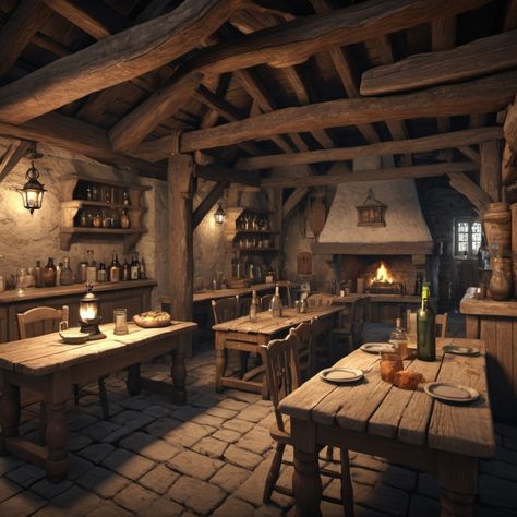 Tavern Style Dining Room, Medieval Cottage Interior, Dnd Tavern Aesthetic, Medieval Pub, Tavern Interior, Medieval Cottage, Medieval Tavern, Castle Kitchens, Log Wall