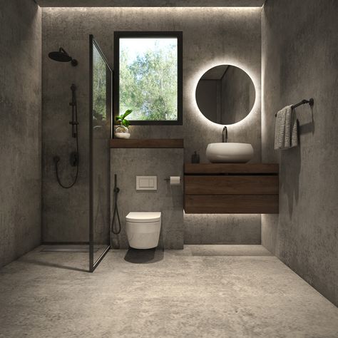 Industrial Contemporary Bathroom, Concrete Guest Bathroom, Bathroom Ideas Industrial Modern, Modern Industrial Interior Design Bathroom, Bathroom Modern Industrial, Brushed Concrete Bathroom, Cement Interior Design Modern, Small Bathroom Ideas Industrial, Wood And Cement Bathroom