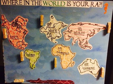 World themed Where Am I Board Where’s My Ra Sign, Where Is Ra Sign, Where's Your Ra Sign, Where Is My Ra Sign, Where Is Your Ra Sign, Where Is Your Ra, Dorm Hall Themes, Where Am I Board, Ra Floor Themes