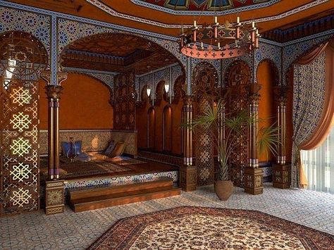 Middle Eastern Decor, Moroccan Room, Moroccan Bedroom, Dark Sun, Persian Architecture, Fantasy Rooms, Turkish Tiles, Moroccan Interiors, Dream House Decor