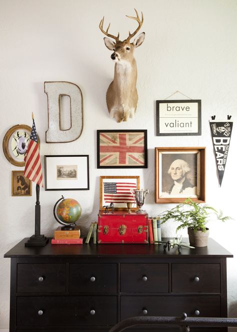 Country Living feature- the back story Texas Cottage, Friday Favorites, Americana Decor, Gallery Walls, Boy Bedroom, Big Boy Room, Deer Head, Boys Bedrooms, Boy's Bedroom