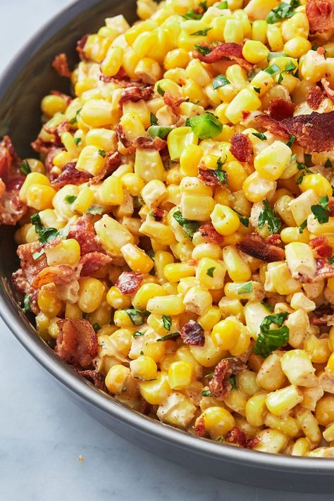 Bacon Jalapeño Corn Salad - Delish.com Bacon Jalapeño Corn Salad, Corn Bacon Side Dish, Corn And Bacon Side Dishes, Bbq Corn Salad, Grilled Green Beans, Jalapeño Corn, Roasted Corn Salad, Grilled Corn Recipes, Bacon Corn