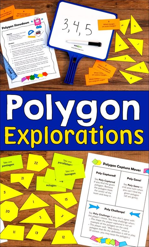 Polygon Explorations includes hands-on geometry lessons, games, and activities for introducing and classifying polygons. These activities are designed to boost achievement by fostering active engagement and discussion, which means your students will have fun while learning! Polygon Activities, Third Grade Geometry, Geometry Games, Printable Math Games, 3rd Grade Activities, Geometry Lessons, Teaching Geometry, Geometry Activities, Third Grade Resources