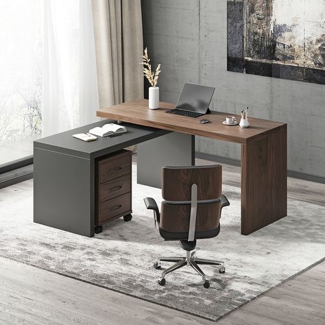 L Shape Desk Modern, Modern L-shaped Desk, Movable Office Desk, Modern Home Workspace Design, Modern Black Office Desk, Elegant Home Office Desk, L Shape Working Desk, Home Office Desk Modern, Office Space Furniture