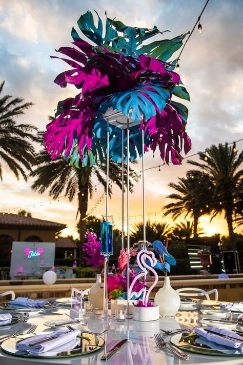 Jake’s Miami Vice Inspired Bar Mitzvah – Lisa Pierce Events | Event and Wedding Planner Miami Vice Table Decor, Retro Miami Party Theme, Miami Vice Centerpieces, Miami Vice Wedding Theme, Miami Vice Party Decorations, Miami Vice Theme Party Decor, Miami Vice Pool Party, Beach Party Theme Ideas, Miami Vice Decor