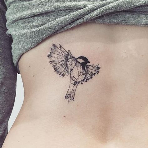 Sparrow Tattoo Line Work, Small Sparrow Tattoo, Tattoo Rib Cage, Small Sparrow Tattoos, Tattoo Sparrow, Chickadee Tattoo, Geometric Tattoo Bird, Bird Tattoo Ribs, Sparrow Tattoo Design