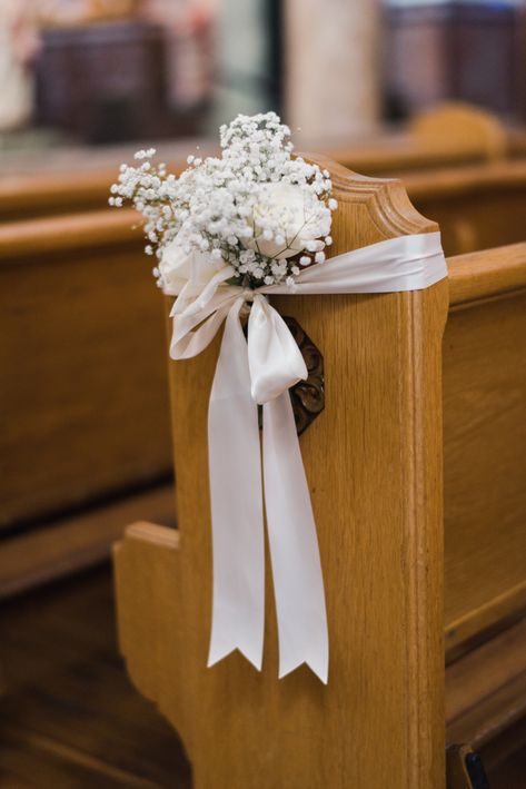 Chapel Wedding Decorations Pews, Chapel Isle Decorations, Inexpensive Aisle Decorations Wedding, Baby’s Breath On Church Pew, Aisle Pew Decorations Wedding, Church Bench Decor Wedding, Decor For Church Wedding, Chapel Pew Wedding Decorations, Simple Aisle Flowers Wedding