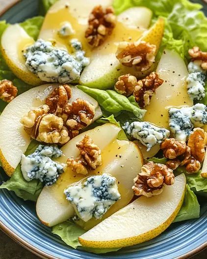 Barefoot Contessa Pear and Blue Cheese Salad Recipe Pear Cheese Salad, Pear Walnut And Blue Cheese Salad, Pear Salad With Blue Cheese, Pear Blue Cheese Salad, French Huguenots, Blue Cheese Salad Recipes, Pear And Blue Cheese Salad, Pear And Blue Cheese, Food To Share