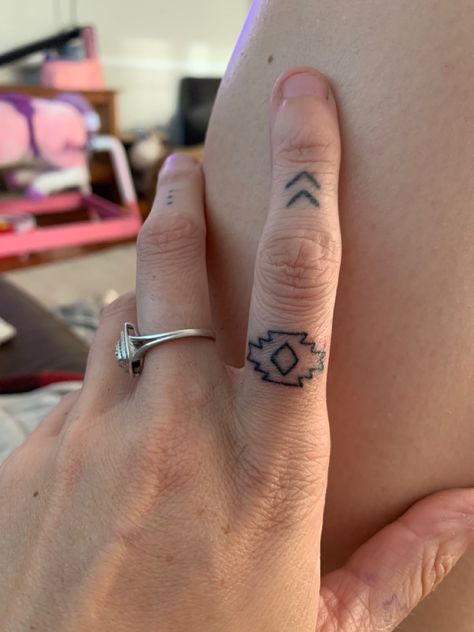 Aztec finger ring tattoo Thunderbird Finger Tattoo, Aztec Hand Tattoos For Women, Small Western Finger Tattoos, Dainty Knuckle Tattoos, Native Finger Tattoo, Woman’s Finger Tattoos, Western Full Sleeve Tattoo, Cute Small Western Tattoos For Women, Country Finger Tattoos