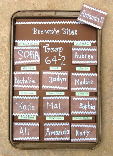 GS Brownie Troop Kaper Chart.  Used an old baking sheet, glued brownie colored card stock cut to fit baking sheet.  Blue RicRac from craft store.  Light blue puffy Paint - had girls pencil in their names on their brownie paper and trace over their letters with the blue puffy paint.  Label chart to jobs needed filled for each troop meeting.  Magnet was placed on back of each girl's name card. Kaper Chart Brownie, Brownies Kaper Chart, Brownie Kaper Chart Ideas Poster Boards, Making Friends Brownie Badge Requirements, Brownie Troop Kaper Chart, Daisy And Brownie Badges That Go Together, Brownie Camping Badges, Brownie Daisy Multi Level Troop, Girl Scout Meeting Ideas