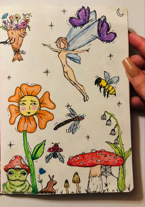 Sketchbook Ideas Fairy, Fairy Aesthetic Drawing Easy, Narrative Drawing Ideas, Drawing Ideas Fairytales, Flower Fairy House Drawing, Garden Theme Drawing, Garden Sketch Drawing Easy, Drawing Ideas Whimsical, Fairy Garden Ideas Drawing