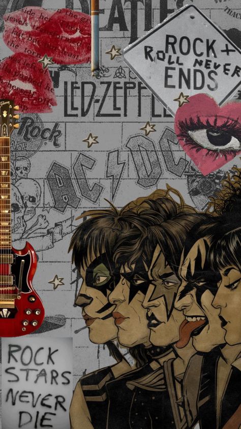 Kiss Rock Aesthetic, Rock Band Aesthetic Wallpaper, Vintage Rock Wallpaper, Metal Rock Aesthetic, Wallpaper Rock And Roll, Wallpaper Punk, Aesthetic Rock Wallpaper, Aesthetic Red Wallpaper Vintage, Rock Bands Wallpaper