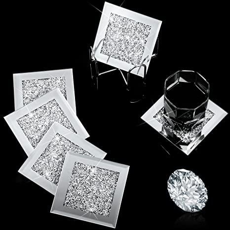 7 Pcs Glass Mirrored Coaster Holder Set, 6 Pcs Silver Crushed Crystal Coasters with Holder for Drinks Glitter Crushed Diamond Decor on Tabletop for Home Kitchen Table Bar Accessories (Square) Gifts For New Home, Mirror Coasters, Kitchen Bar Table, Home Kitchen Bar, Metal Coasters, Crystal Place, Crystal Coasters, Crushed Diamonds, Diamond Decorations