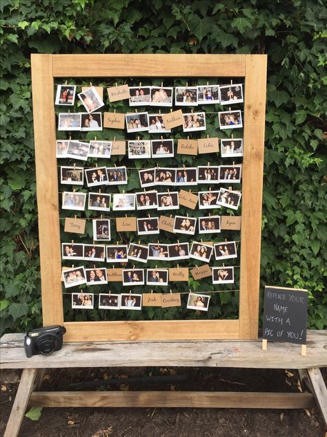 Polaroid frame at my wedding! Guests were to replace their name card with a Polaroid that had them in it Polaroid Wedding Table Names, Picture Name Cards Wedding, Poloroid Pictures Ideas Party, Diy Wedding Picture Frames, Wedding Polaroid Frame, Polaroid Cork Board, Polaroid Frame Wedding, Homemade Wedding Signs, Wedding Poloroid Pictures