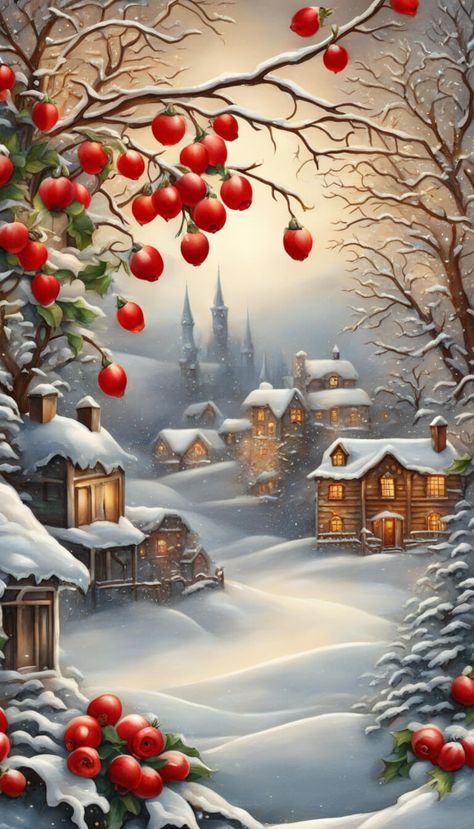 Vintage lovely painting of a village covered of snow - AI creation Christmas Village Painting On Canvas, Hello Winter Illustration, Christmas Scenes Wonderland Vintage, Winter Scenes Wonderland, Camera Cutout, Images Noêl Vintages, Winter Christmas Scenes, The Best Wallpapers, Merry Christmas Wallpaper