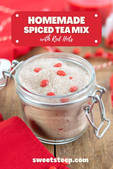 Quick and easy spiced tea mix recipe with orange Tang, tea, lemonade, spices and red hots. Perfect for Christmas gift-giving. It only takes minutes to mix together and powder in a blender or food processor. Tastes delicious, too! #spicedtea #recipewithtang #redhots #christmastea #recipe #mixrecipe #homemade #russian #tea Cinnamon Red Hot Recipes, Spiced Tea Recipe With Tang And Red Hots, Apple Cider With Red Hots, Russian Tea Recipe Tang, Spiced Tea Recipe With Tang, Spiced Tea Mix Recipe, Unhealthy Drinks, Friendship Tea Recipe, Spiced Cider Mix