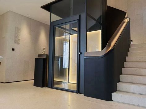 Stairs With Elevator, Elevator With Stairs, Stairs Around Elevator, Elevator Design Interior, Home Elevator Interior, Industrial Staircase Design, Staircase Architecture, Elevator Interior, Commercial Design Exterior