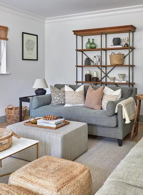 8 Ways to Style a Gray Sofa and Complement Its Color Sofa Cushions Arrangement, House Nine Design, Cushion Arrangement, Light Gray Sofas, Emily Henderson Design, Grey Sofa Living Room, Grey Throw Blanket, Grey Couch, White Throw Blanket