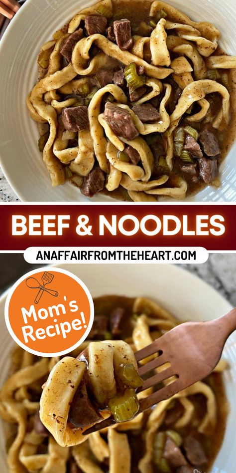 Beef and noodles in a white bowl and on a fork. Shredded Beef Noodles, Beef An Noodles, Beef Tips Over Egg Noodles, Quick Beef And Noodles Recipe, Down Home Beef And Noodles, Beef Pot Pie Noodles, Stew Meat And Egg Noodles, Essen, How To Make Beef And Noodles