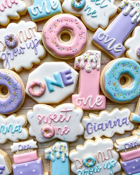 Sweet One Decorated Cookies, Donut Party Cookies, Our Sweet One Birthday, The Sweetest One Birthday Theme, Sweet One Donut First Birthday Cake, Sweet One Themed Birthday Party, Donut Grow Up Cookies Decorated, Sweet One Donut Cookies, Sweet One Donut Birthday Theme