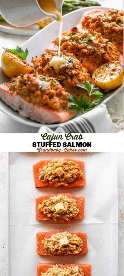 Seafood Stuffed Fish, Crab Salmon Recipes, Grilled Stuffed Salmon Recipes, Salmon Topped With Crab Meat, Salmon Stuffed With Crab And Shrimp, Crab Topped Salmon, Salmon Crab Recipes, Seafood Stuffed Salmon Recipes, Salmon With Crab Meat On Top