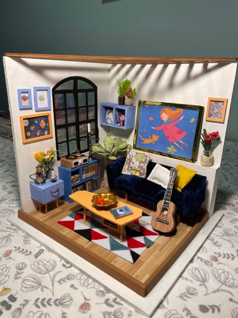 Mini Room Diorama, 3d Room Art Project, Miniature Music Room, Miniature Model House, Mini Room Craft, Cute Diorama, Small Cardboard Box Crafts, Diaroma Ideas Projects, Miniature Rooms Diy