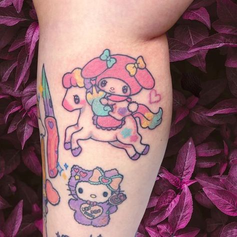 My Melody Tattoo Ideas, My Melody Tattoo, Dopamine Tattoo, Sanrio Tattoos, Colourful Tattoo, Kawaii Tattoos, My Little Pony Tattoo, Piano Tattoo, Hello Kitty Tattoo