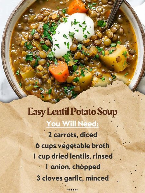 Quick Recipes | Easy Lentil Potato Soup | Facebook Lentil And Potato Soup, Lentil And Potato, Lentil Potato, Lentil Potato Soup, Dried Lentils, Potatoes Carrots, Green Lentils, Aromatic Herbs, Lentil Soup