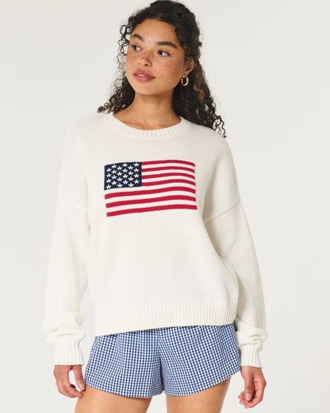 Women's American Flag Graphic Crew Sweater | Women's Tops | HollisterCo.com Ralph Lauren Usa Sweater, Ralph Lauren Flag Sweater, Photo Dump Ideas, Unrealistic Wishlist, Usa Sweater, Flag Sweater, Dump Ideas, American Flag Sweater, Back To School Clothes