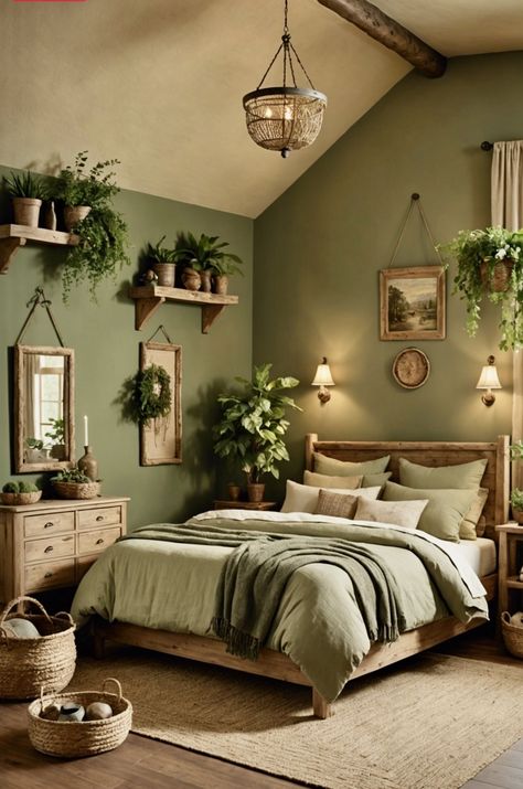 Cute Green Bedroom Ideas, Earthy Room Ideas Bedroom, One Green Wall Bedroom, Green Farmhouse Interior, Bedroom Decor Green Walls, Bedroom In Living Room Ideas, Cozy Bedroom Green, Green Aesthetic Room Decor, Hobbit Bedroom