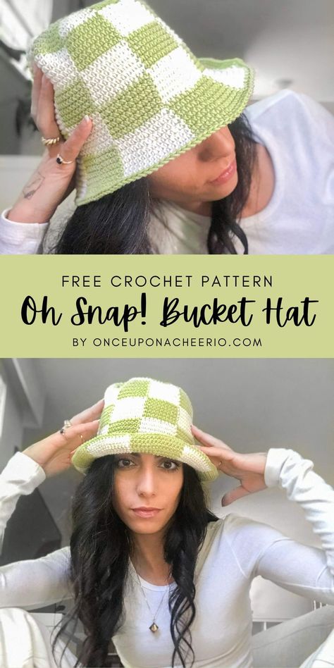 Make this crochet checkered bucket hat with this free crochet pattern! Get ready for spring/summer with this easy beginner friendly crochet pattern! Checkered Bucket Hat, Crochet Checkered, Pola Topi, Bucket Hat Pattern, Mode Crochet, Crochet Hat Free, Oh Snap, Crochet Design Pattern, Crochet Hats Free Pattern