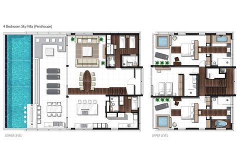 Four-bedroom Penthouse Sky Villa Floor plan 4 Bedroom Penthouse Floor Plan, Penthouse Layout Floor Plans, Penthouse Floor Plan Luxury, Penthouse Floorplan, Penthouse Floor Plan, Villa Floor Plan, Penthouse Apartment Floor Plan, Penthouse Layout, Penthouse With Pool