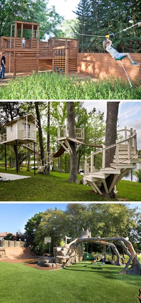 30 Amazing Outdoor Backyard Ideas & Activities That Will Keep Your Kids Entertained 37 Big Tree Backyard, Cool Backyard Ideas For Kids, Fun Yard Ideas, Fun Backyard Ideas For Kids, Family Backyard Layout Play Areas, Cottage Playground, Family Backyard Ideas, Kid Backyard Ideas, Large Backyard Ideas Layout